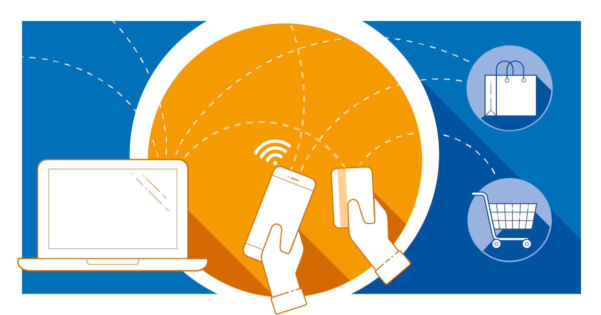 Symbols with three payment methods. Computer, mobile phone and payment card. Dashed lines between the symbols and one symbol with a shopping cart, another with a bag.