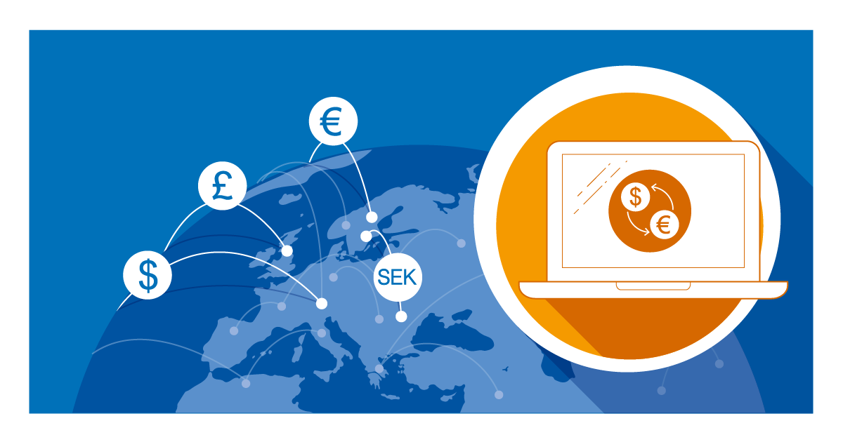 Jordglob med pilar som ska symbolisera transaktioner, texter med valutorna Euro, pund, dollar och svenska kronor. En symbol visar en dator med en transaktion mellan Euro och svenska kronor.