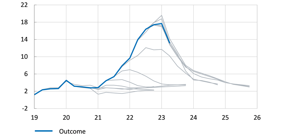 The figure compares the inflation forecasts of Narodowy Bank Polski with the outcomes between the end of 2020 and the middle of 2023.