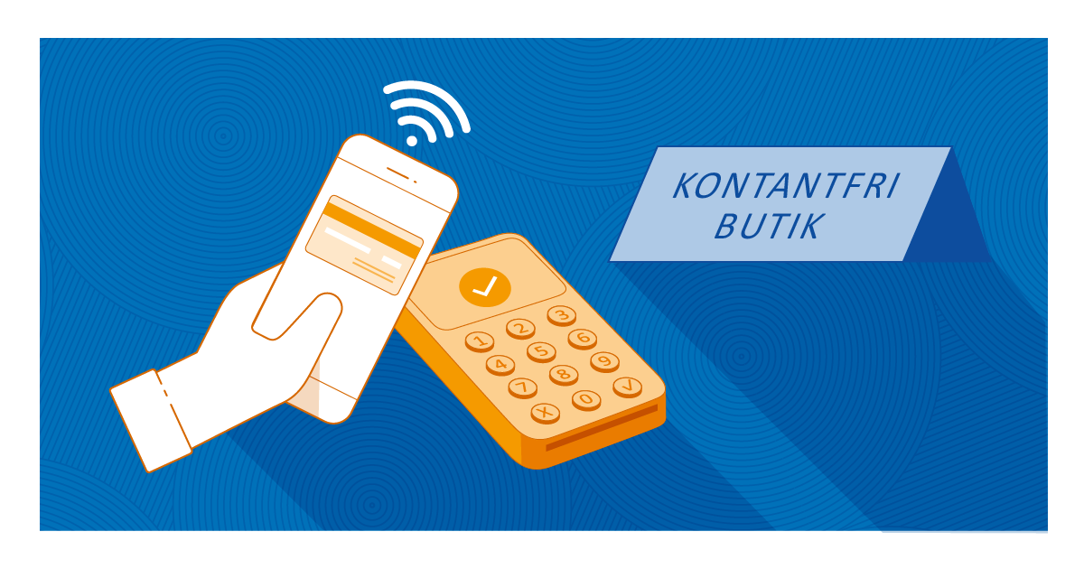 En mobiltelefon med ett betalkort på displayen, bredvid den en kortterminal. ”Kontantfri butik” på en skylt i bakgrunden.